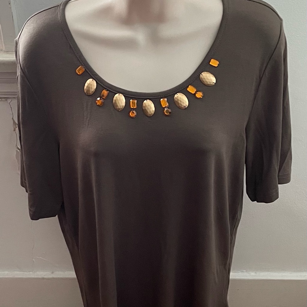 Nwot Fair Lady Brown Embellished Gold & Orange Stones T-Shirt, Size 6 Bohemian
